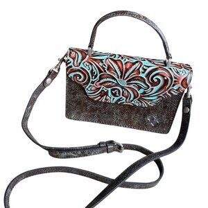 Patricia Nash Tooled Turquoise Brown Leather Crossbody Handbag, + Top Handle